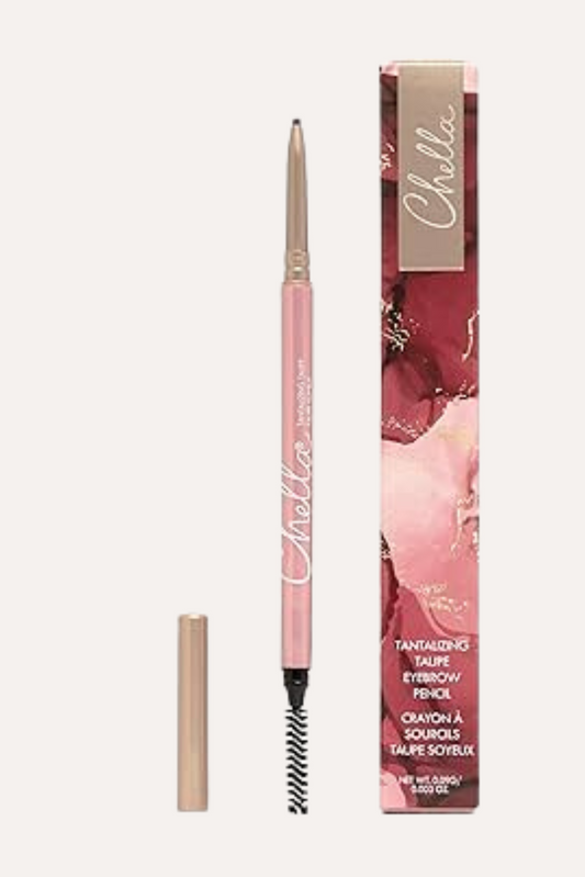 Chella Tantalizing Taupe Eyebrow Pencil With Spoolie Brush and packaging